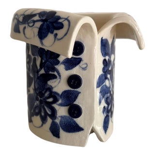 Signed Studio Pottery Figural Jacket Vase – Blue & White Floral Ceramic Sculpture – Artisan Vessel For Sale