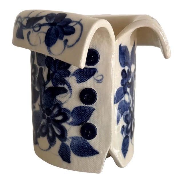 Signed Studio Pottery Figural Jacket Vase – Blue & White Floral Ceramic Sculpture – Artisan Vessel For Sale