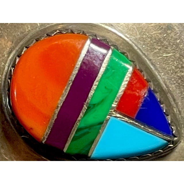 Native American Mid 20th Century Pair of Native American Zuni Pueblo Artist Beon Wallace Multi-Stone Mosaic Inlay Earrings For Sale - Image 3 of 5