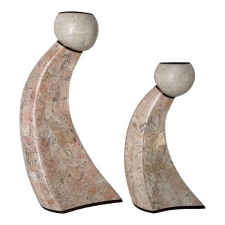1980’s Postmodern Maitland Smith–Style Tessellated Stone & Brass Inlaid Sculptural Candle Holders – A Pair For Sale