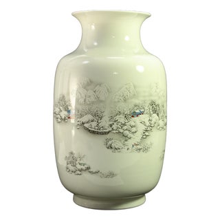 MCM Jingdezhen Chinese Vase White Porcelain With Hand Painted Winter Scenes For Sale