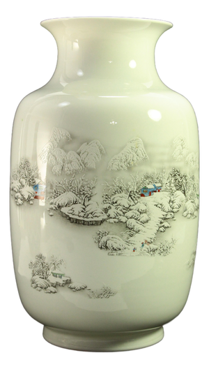 MCM Jingdezhen Chinese Vase White Porcelain With Hand Painted Winter Scenes