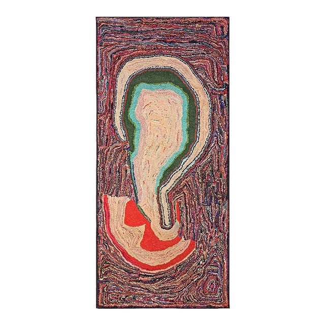 Jewel Tone Color Vintage Mid Century Modern American Hooked Artistic Folk Art Area Rug For Sale