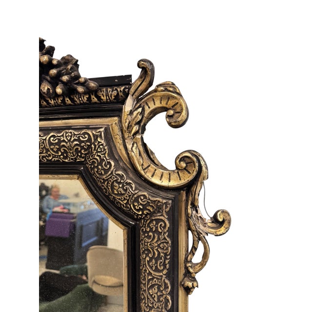 Antique Victorian Gothic Mirror with Silver Leaf Inlay over Black Gesso Frame, 1850 For Sale - Image 6 of 12