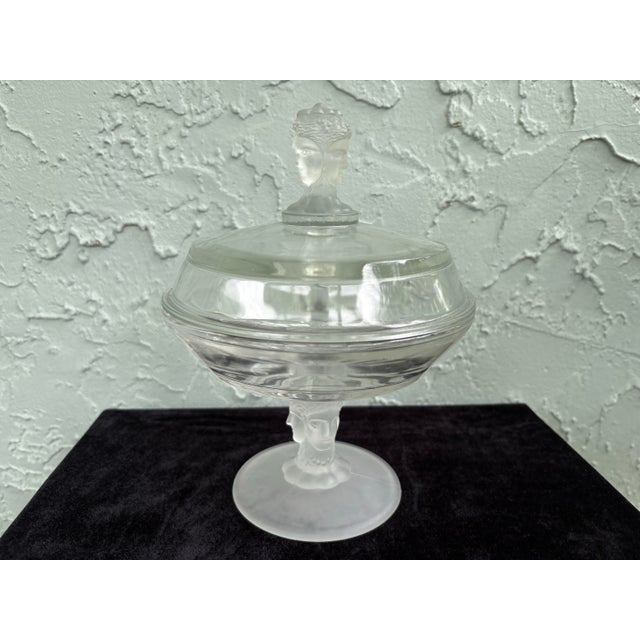 Mid 20th Century Vintage Duncan Miller Frosted Figural Faces Covered Compote Dish / Art Deco Satin Glass Candy Bowl For Sale - Image 5 of 9