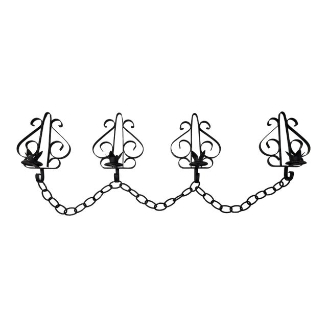 Vintage 1960s Set of 4 Gothic Black Chain Medieval Wall Sconce Candlesticks Candle Holder For Sale