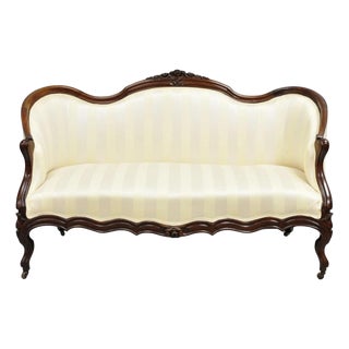 Early 20th Century Antique Victorian French Rococo Carved Mahogany Upholstered Loveseat Parlor Sofa For Sale