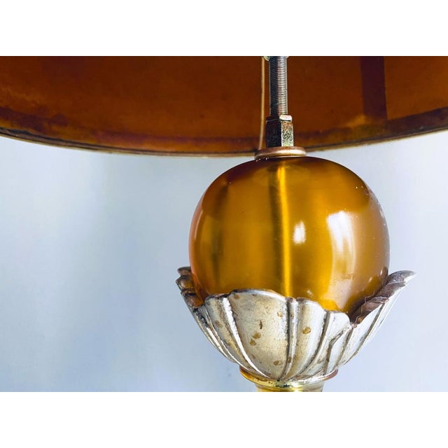 Large Regency Style Amber Acrylic Glass Buffet Table Lamp with Brown Drum Lampshade, 1970s For Sale - Image 9 of 16