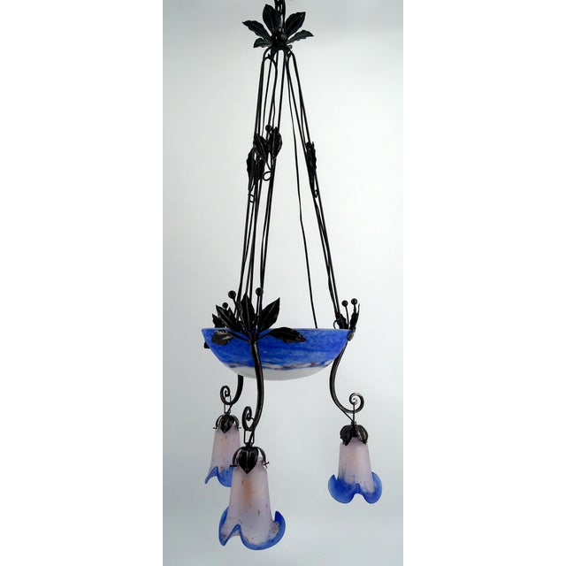 Art Deco Wrought Iron Chandelier with Blue Blown Glass, France For Sale - Image 12 of 12