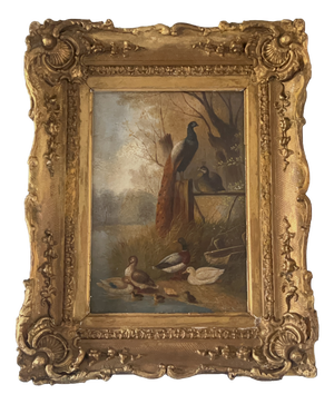 Birds by the Water's Edge, 1800s, Oil on Board, Framed