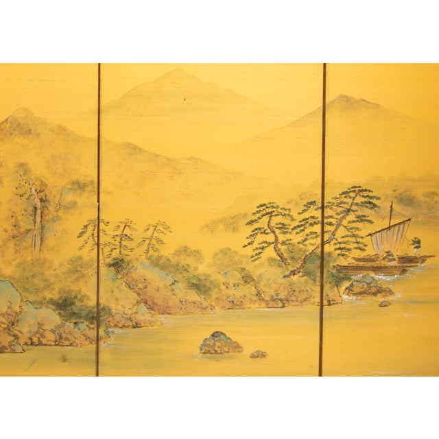 1960s C. 1960s "Landscape With River and Boats", Showa Era Japanese Painted Silk Byobu Screen For Sale - Image 5 of 18