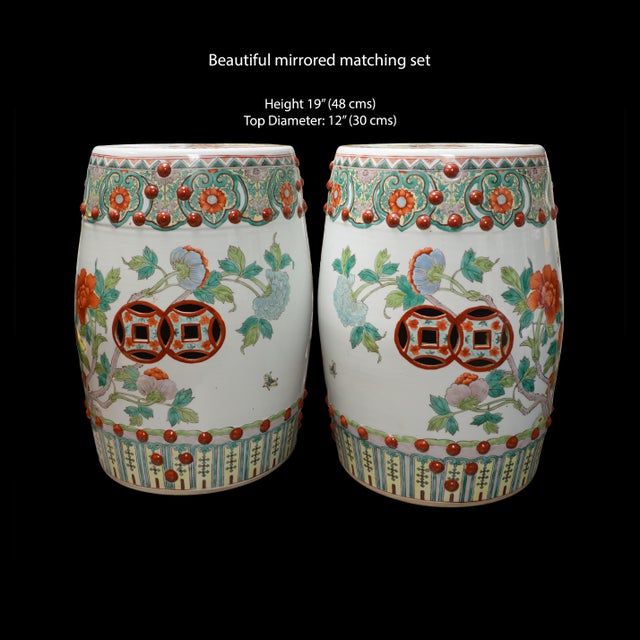 Ceramic 1960s Chinese Porcelain Set of Two (2) Porcelain Famille Verte Garden Seats For Sale - Image 7 of 9