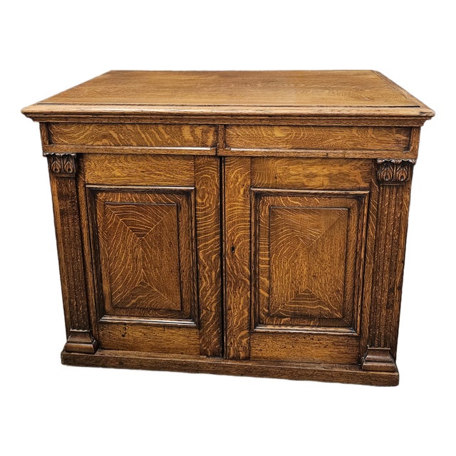Late 19th Century Victorian Oak Raised Paneled Door Cabinet W/3 Drawers For Sale