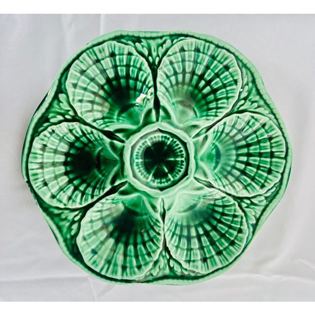 1920s Antique 1920s French Sarreguemines Majolica Green Oyster Plate For Sale - Image 5 of 13