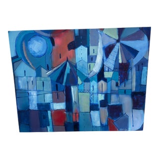 Norberto Uribe Dominican Modernist Village Blue Painting on Canvas For Sale