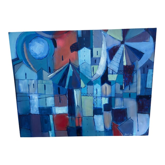 Norberto Uribe Dominican Modernist Village Blue Painting on Canvas For Sale