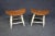 A pair Country Style counter stools , cherry curved dish top seat , turned spindle legs and stretchers with cream painted...