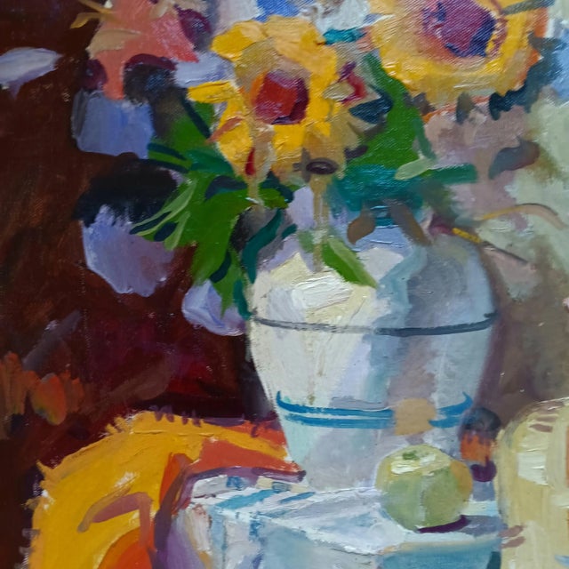 Picnic With Sunflowers Original Still Life Oil Painting by David Beynon Pena For Sale - Image 4 of 6