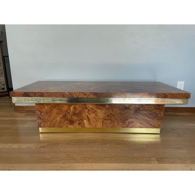 1970s Burlwood Veneer and Brass Coffee Table in the Style of Milo Baughman For Sale - Image 6 of 12