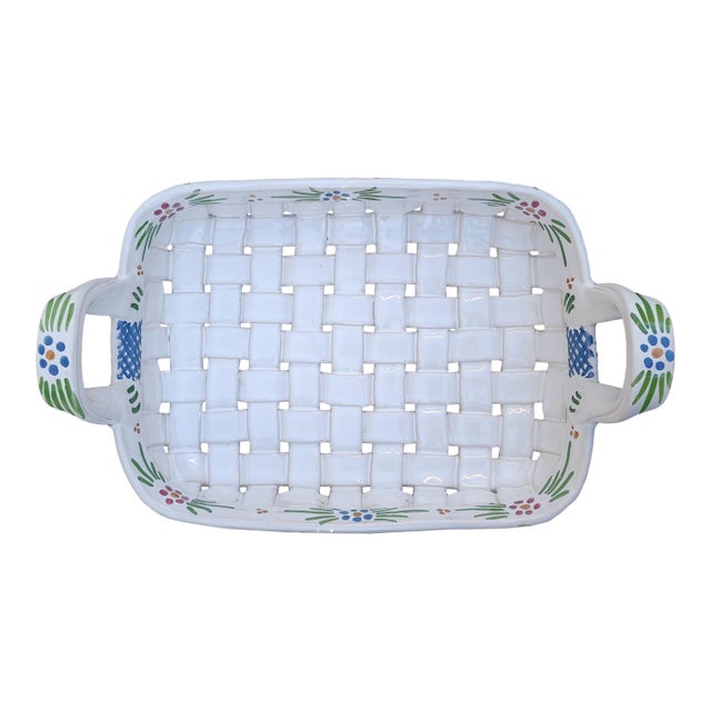 Late 20th Century Portugal Ceramic Basket Weave Tray For Sale