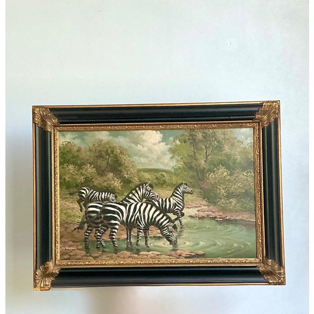 Vintage Zebra Landscape Oil Painting For Sale - Image 4 of 18
