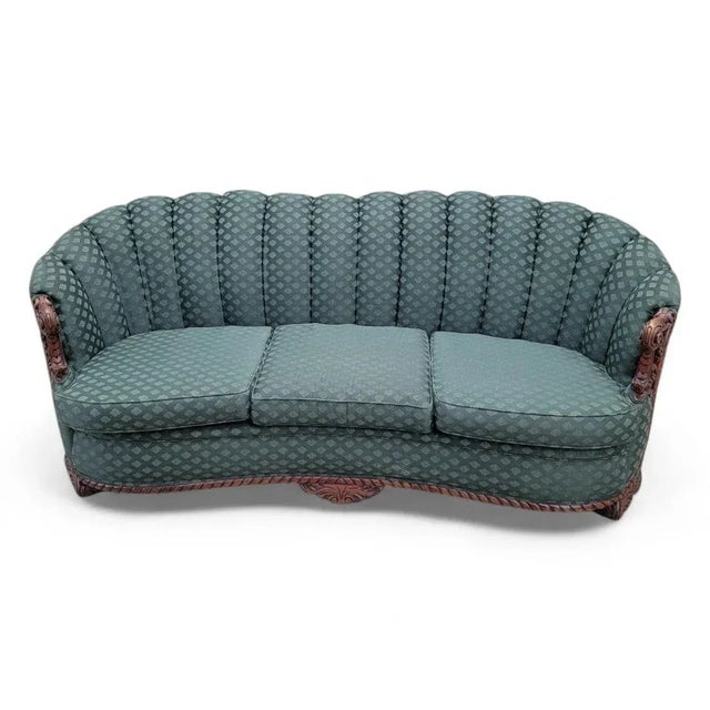 Early 20th Century Art Deco Carved Ornate Channel Back Curved Sofa, Lounge Chair and Ottoman for Reupholstery - Set of 3 For Sale - Image 5 of 12