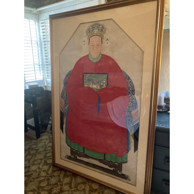 Plastic Chinoiserie Emperor and Empress Framed Painted Scrolls, Early 20th Century - Set of 2 For Sale - Image 7 of 12