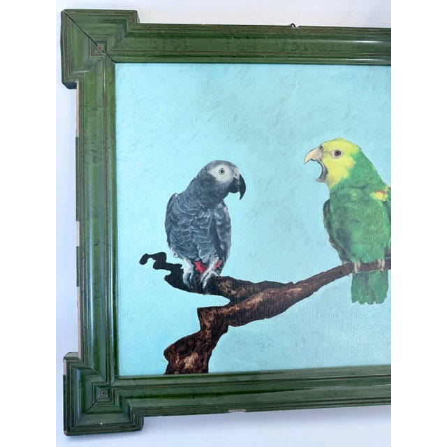 Oil Painting on Board Two Parrots on Branch in Green Lacquered Frame For Sale - Image 13 of 13