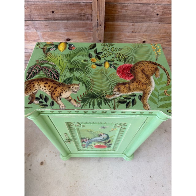 Folk Art Habersham Cabinet Custom Painted With Tropical Birds and Leopards For Sale - Image 3 of 11