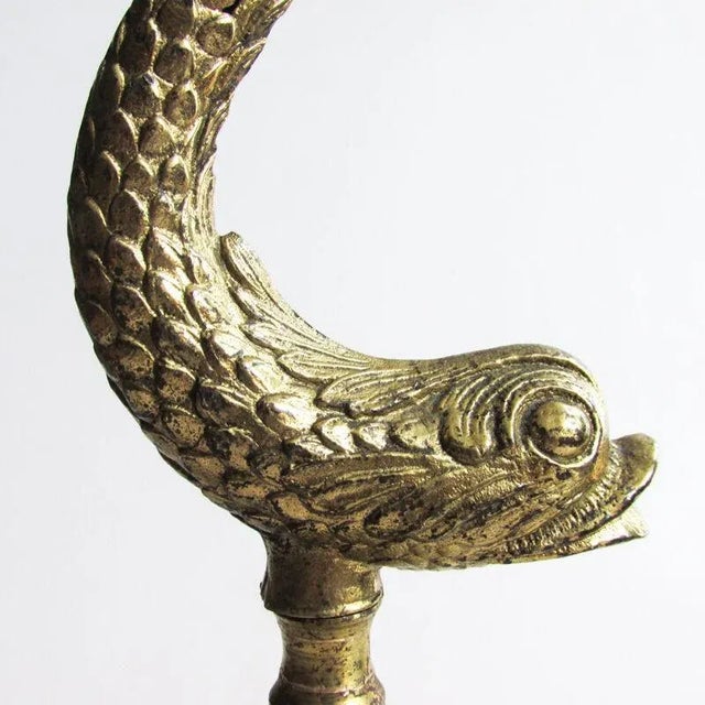 Vintage Brass Dolphin Form Lamps With Glass Fonts, Rewired - a Pair For Sale - Image 4 of 12