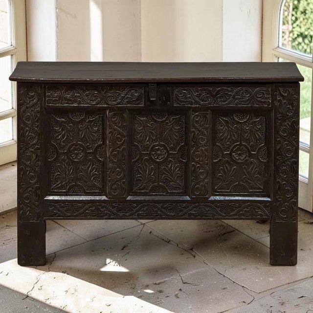 Hand crafted from solid oak during the 18th century, this handsome Dutch trunk reflects the enduring influence of Gothic...