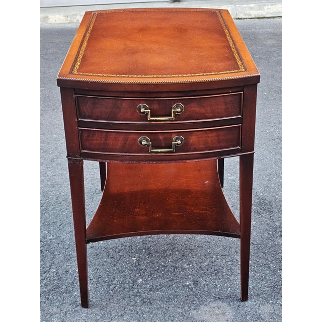 1940s Pair Regency Style Genuine Mahogany and Stenciled Tooled Leather Top Side Tables For Sale - Image 9 of 17