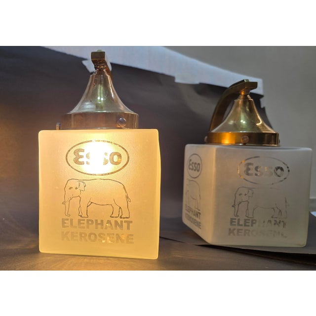 Art Deco Vintage Art Deco Light Old Lamp Wall Sconces Fixture Brass & Esso Kerosene Cube Glass Shade Ship Light - a Pair For Sale - Image 3 of 4