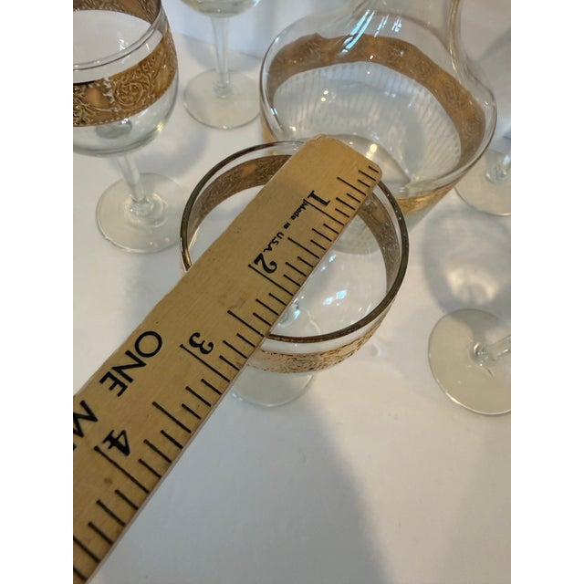 Metal Vintage Culver Tyrol Gold Filigree Glass Decanter & 5 Stemmed Wine Glasses Set For Sale - Image 7 of 12