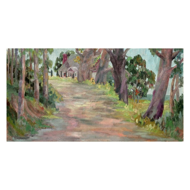 Tranquil horizontal landscape of a tree-lined pathway near the coast leading to a quaint cabin by an unknown artist...