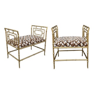 Mid-Century Italian Regency Gilt Metal Faux Bamboo W/ Cut Velvet Benches - Pair For Sale