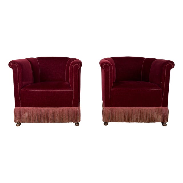 Danish Lounge Chairs in Burgundy Velvet and Beech, 1950s, Set of 2 For Sale