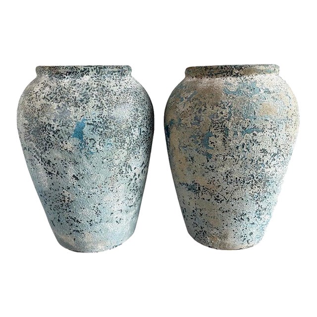 Terra Cotta Blue Urns, Garden Elements, Elegant Design For Sale