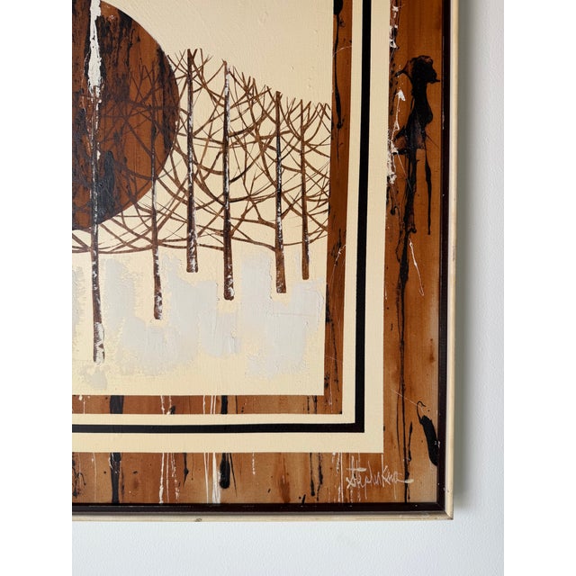 Brown Mid Century Abstract Landscape Forest Scene With Bare Trees Acrylic on Canvas Painting - Framed For Sale - Image 8 of 15