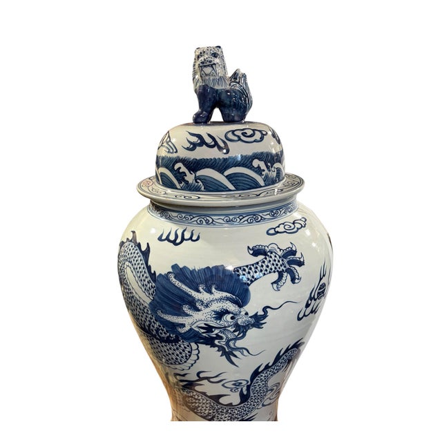 Vintage Large Chinoiserie Blue& White Porcelain Ginger Jar Dragon & Phoenix 36" H For Sale - Image 11 of 11