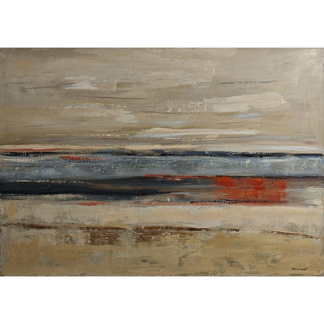 Created in 2026, the composition unfolds through layered fields of blue-grey, terracotta, ochre, muted green and warm...