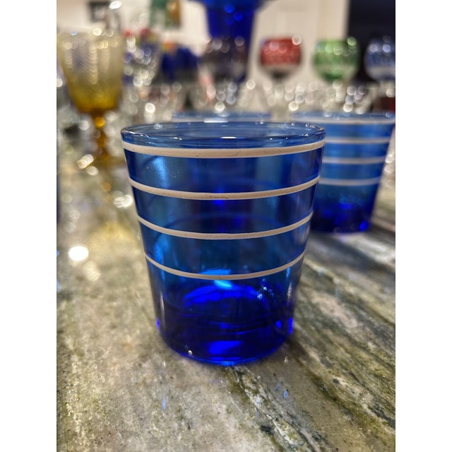 Hazel-Atlas 1950s Hazel Atlas Low Ball Cobalt Blue Tumblers With White Rings - Set of 7 For Sale - Image 4 of 9