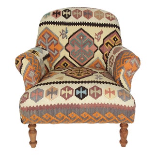 Handwoven Tribal Kilim Upholstered Armchair – Comfortable Handmade Bergere Chairs For Sale