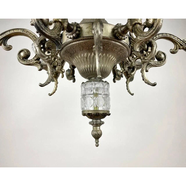 Vintage French Crystal and Brass 6-Horn Chandelier, 1950s For Sale - Image 6 of 10