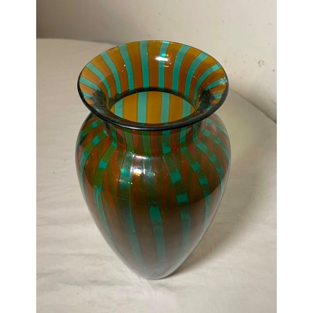 Italian Vintage Veart Venezia Venetian Italian Art Hand Blown Caned Green Glass Vase For Sale - Image 3 of 12