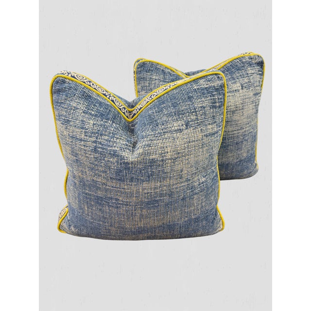 Beautiful custom made box pillow pair by Trouvaille Home. Novus Cruise Sapphire Fabric with embroidered tape. Lime green...