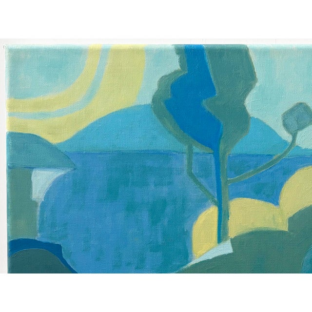 Abstract modern landscape of a hillside by the water in celadon, aqua-blues, muted-greens, and butter yellow. Signed on...