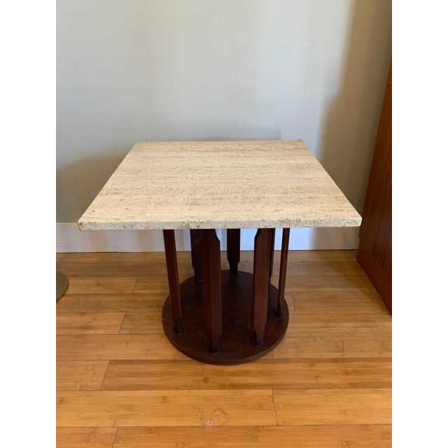 Mid Century Modern Walnut and Travertine Square Table Made by Marden For Sale - Image 11 of 11