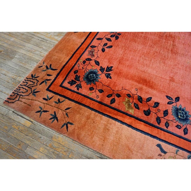 1920s Coral Open Field Antique Chinese Art Deco Square Knotted Pile Floral Rug For Sale - Image 4 of 10