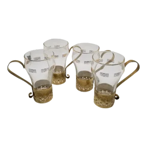 1970s Irish Coffee Glasses with Brass-Tone Metal Holders- Set of 4
